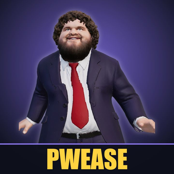 Pwease, a smiling character with curly hair in a navy suit and red tie