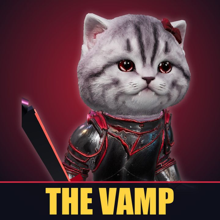 The Vamp, a grey kitten in black armor with red eyes, fangs and a blood-red bow, swordcat's dark twin