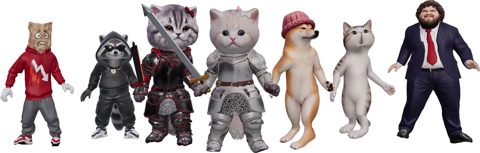 The seven residents of MEME CITY in a line, left to right: Paper Hands, the Rug Dev, the Vamp, swordcat, Wif, Popcat and Pwease.